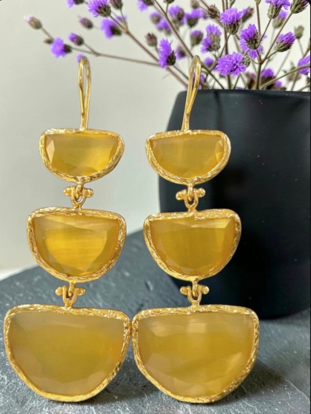 18k Gold Plated Yellow Cats Eye Crystal Stone Geometric Dangle Earrings